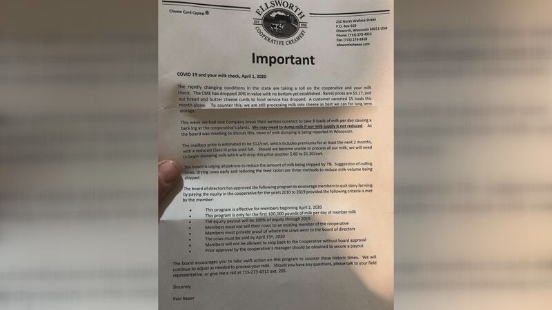 A letter obtained by NewsChannel 7 sent to members of the Ellsworth Cooperative Creamery...