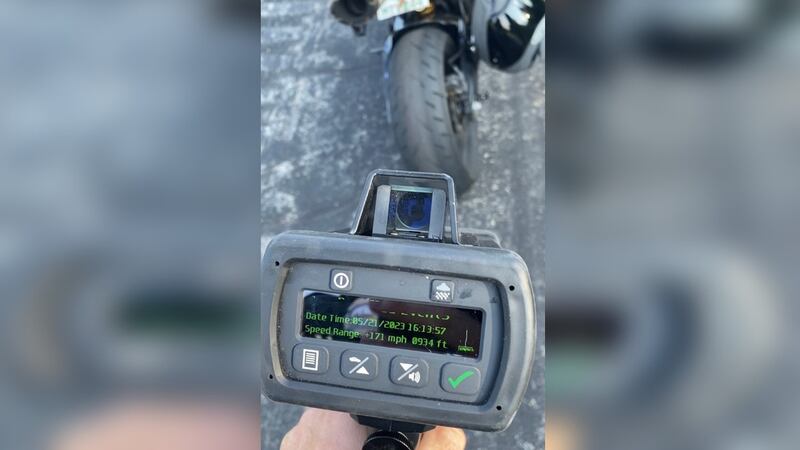 This photo provided by law enforcement shows a reading of 171 mph on a New Hampshire State...