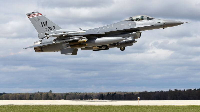 An F-16 Fighting Falcon assigned to the Wisconsin Air National Guard's 115th Fighter Wing at...