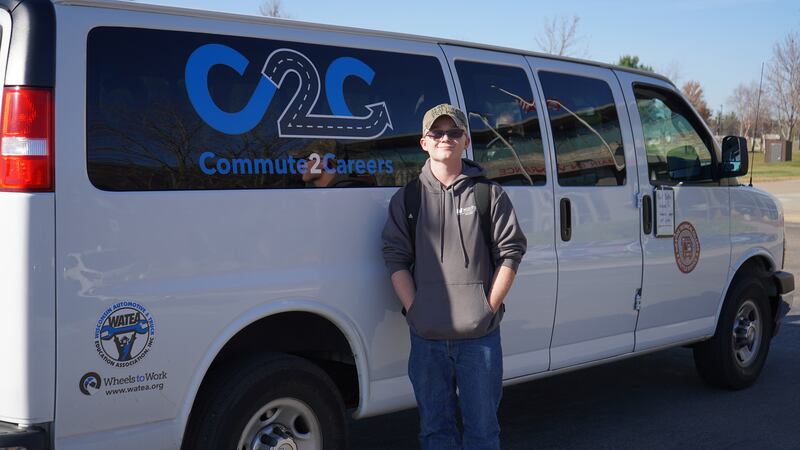 Mid-State Automotive Technician student Jarek Frank prepares to board the shuttle for his...