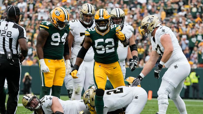 New Orleans Saints quarterback Jameis Winston (2) is sacked by Green Bay Packers linebacker...