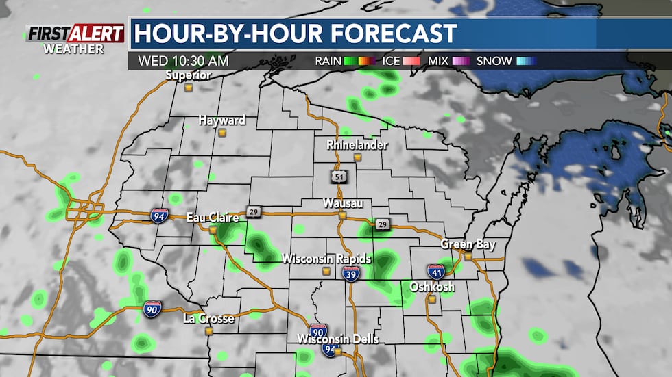 Scattered rain fizzles out to more spotty showers on Wednesday morning