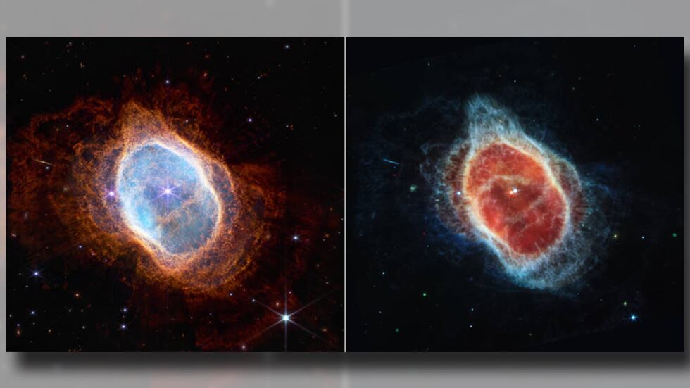 This side-by-side comparison shows observations of the Southern Ring Nebula in near-infrared...