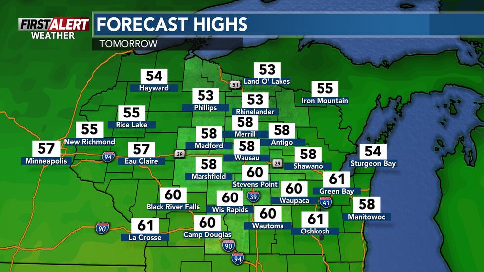 Forecast highs on Wednesday will warm towards 60 for some in Central Wisconsin
