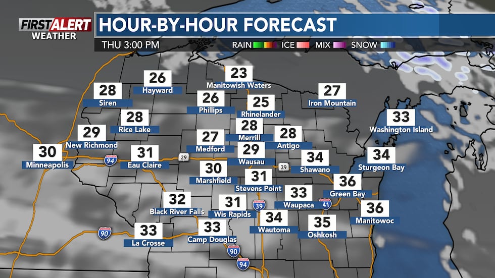 Highs colder Thursday, upper 20s to low 30s