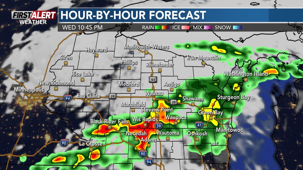 Line of showers and thunderstorms to move south of HWY 29 late Wednesday night.